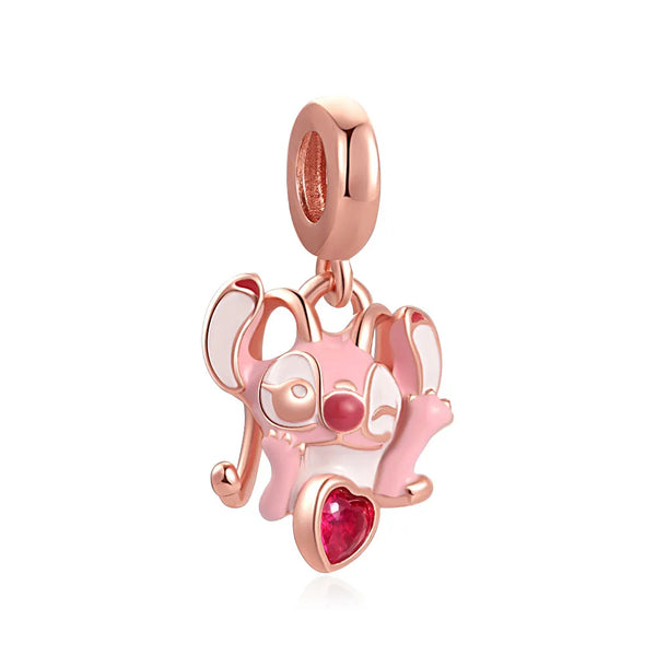 Pingente em Prata 925 - Charm My Life Angel Rosa e Coração Vermelho Banho Rosé