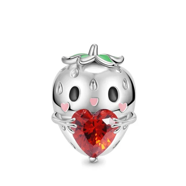 Berloque em Prata 925 - Charm My Life Morango Fofo com Coração Vermelho