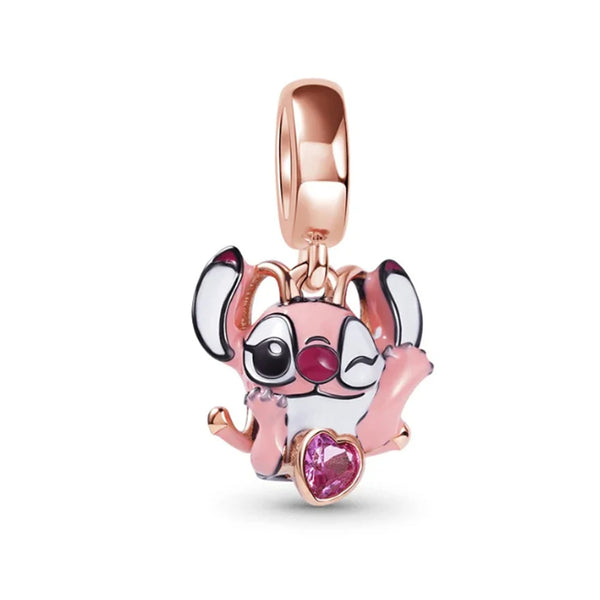 Pingente em Prata 925 - Charm My Life Angel Rosa Piscando com Coração Banho Rosé