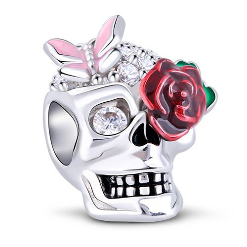 Berloque em Prata 925 - Charm My Life Caveira com Borboleta e Rosa Esmaltada