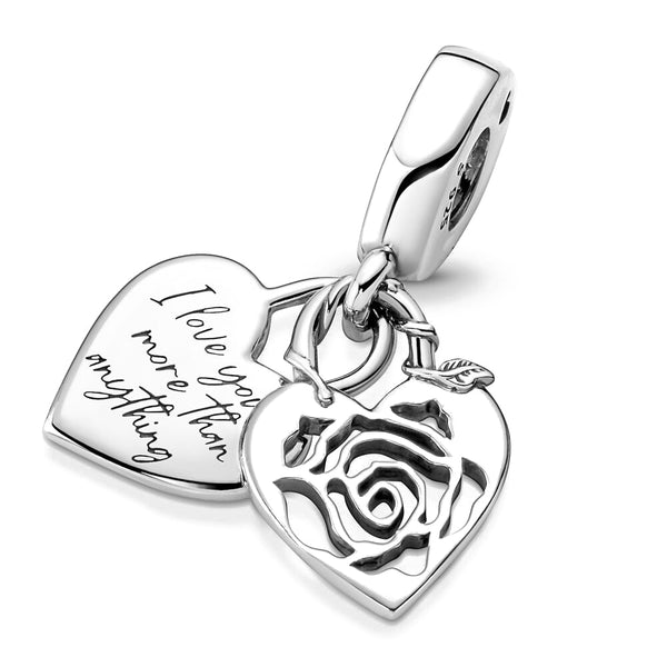 Pingente em Prata - Charm My Life Coração Duplo Floral